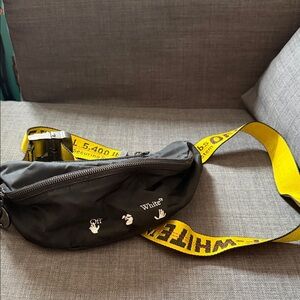 Off-White Black Belt Bag with Yellow Industrial Strap